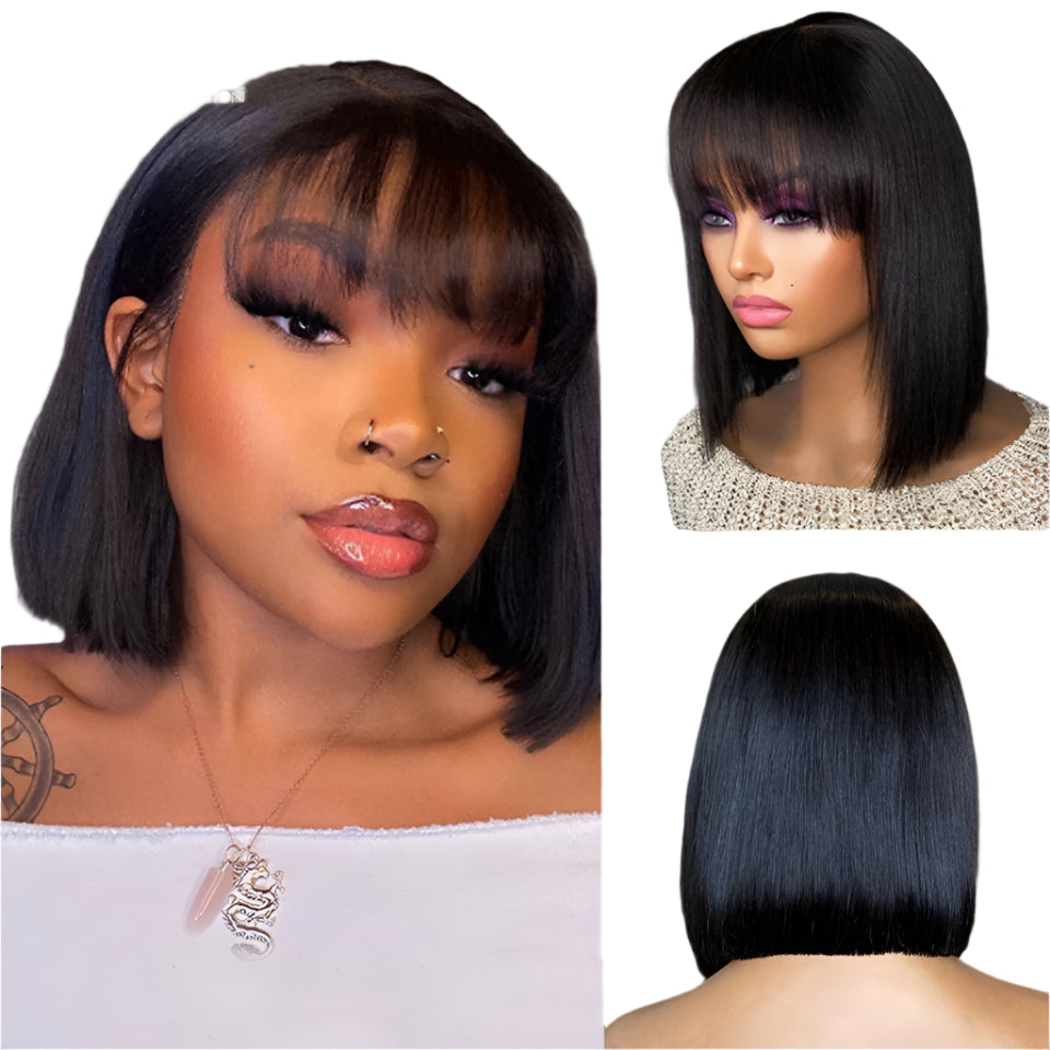 Short Straight Bob Human Hair Wig with Bangs | Full Machine Made Remy Hair | Natural Color Luxegan