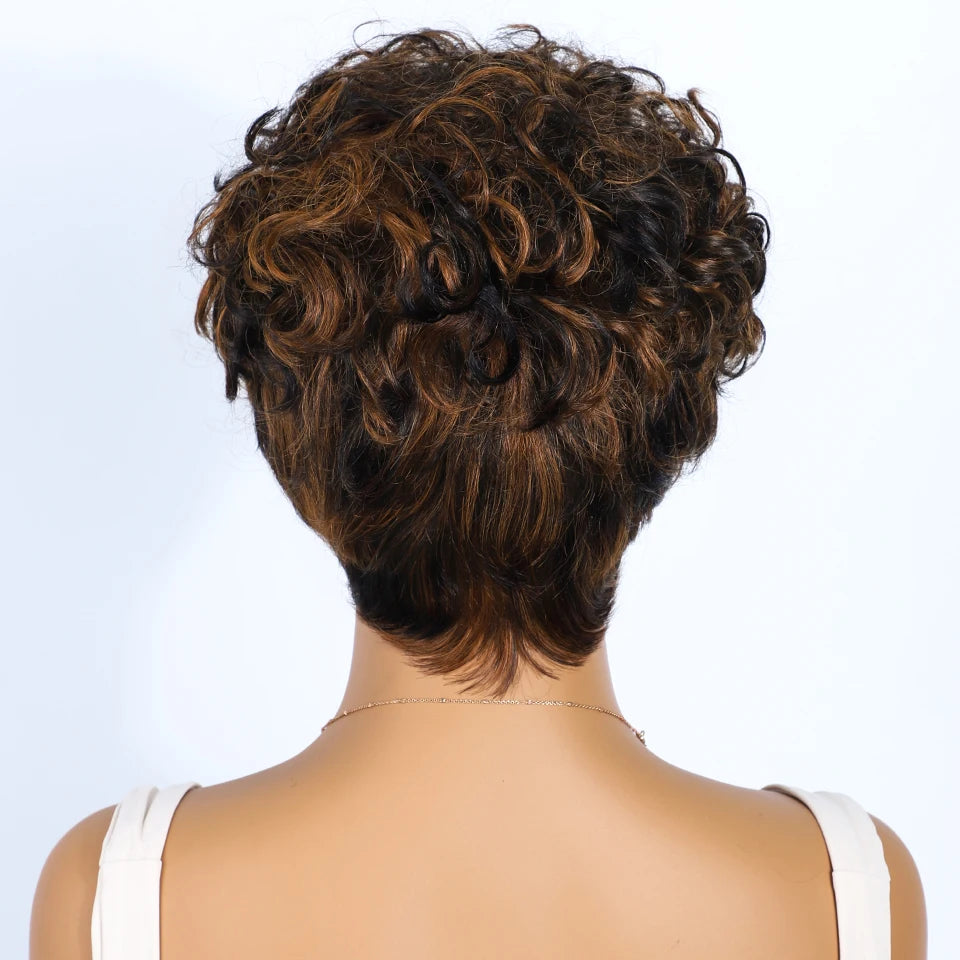 Rebecca P1B/30 Brown Pixie Cut Wig | Curly Side Part Brazilian Human Hair Luxegan