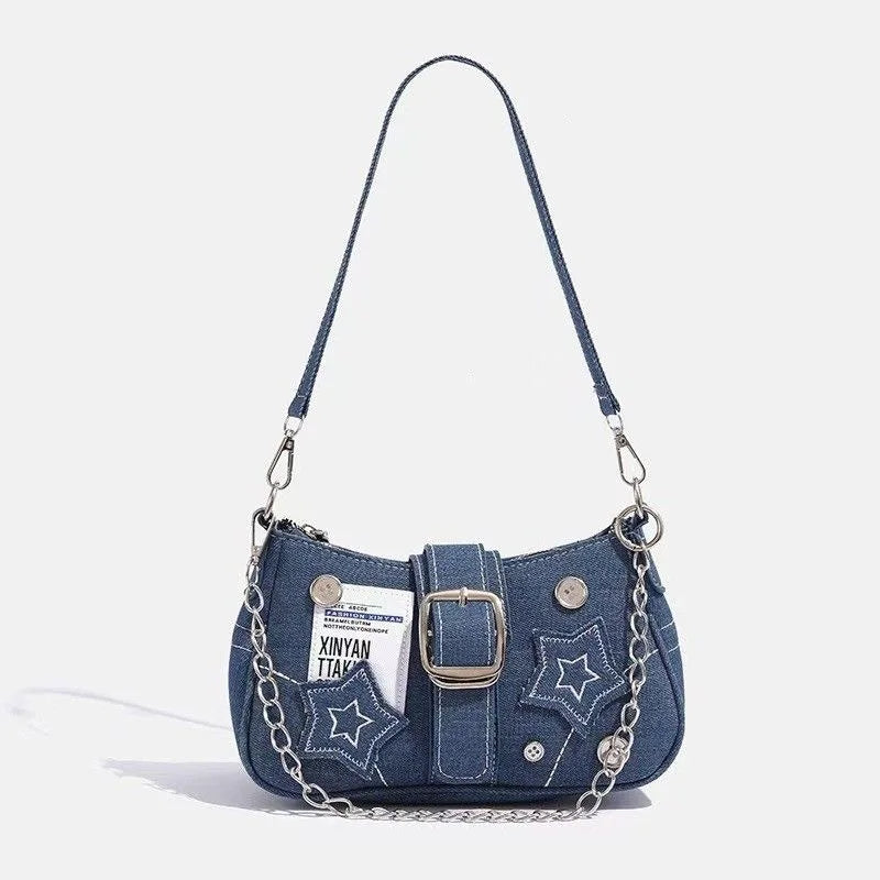 Y2k Fashion Women's Handbags Stars Pattern Cool Girl Underarm Bag | Vintage Canvas Female Shoulder Bag Chain Crossbody Tote Purses Luxegan