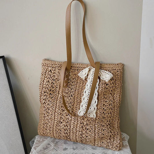 Square Hollow Straw Beach Bag | Handmade Woven Raffia Rattan Shopping Tote | Elegant Bohemian Summer Vacation Handbag | "Dignified" Hard-Shell Accessory for Casual Travel Styling Luxegan