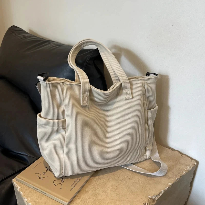 Corduroy Large Capacity Commuting Tote | Fashionable Striped Velvet Shoulder Bag Luxegan