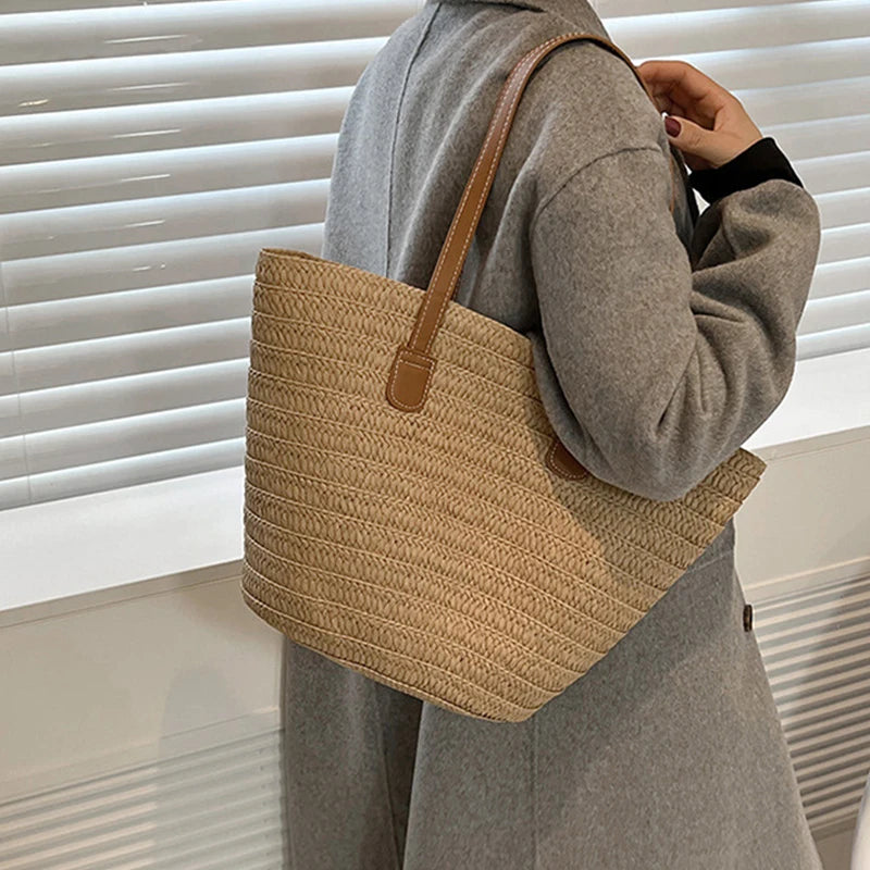 Summer Large Capacity Straw Bag | Sophisticated Knitted Bohemia Top-Handle Bag | Elegant Travel Tote & Armpit Bag | Luxury "Dignified" Woven Straw Handbag with Secure Zipper Closure Luxegan