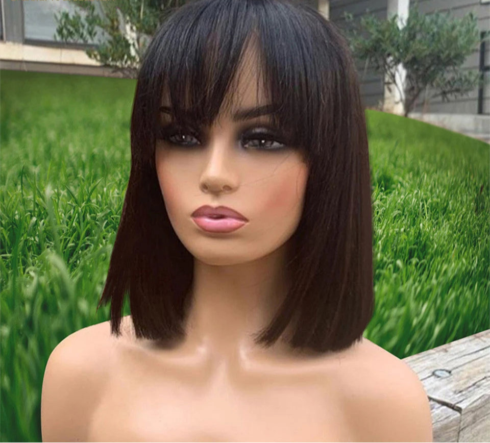 Short Straight Bob Human Hair Wig with Bangs | Full Machine Made Remy Hair | Natural Color Luxegan