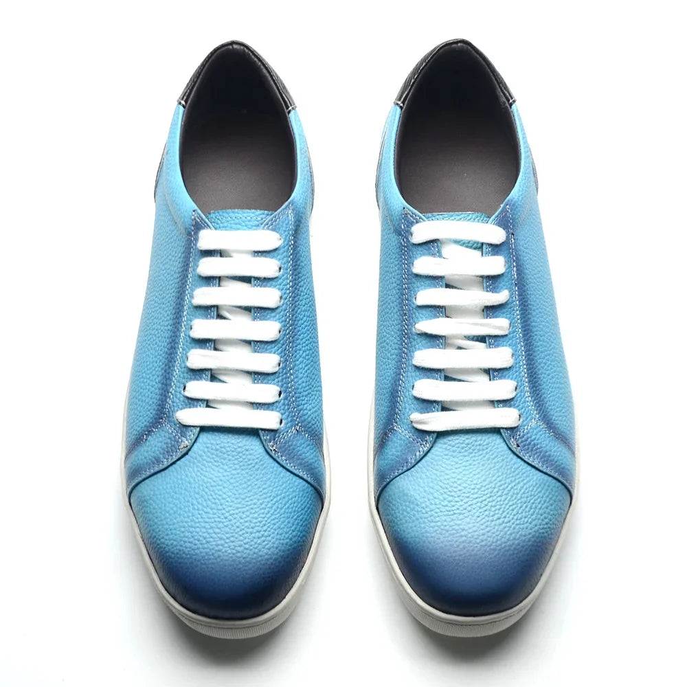 Luxury Designer Men's Genuine Leather Skateboard Shoes | Sky Blue Lace-Up Casual Sneakers (Breathable) Luxegan