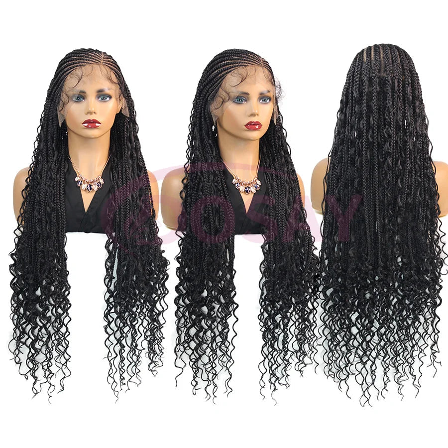 36" Boho Knotless Box Braids Wig | Full Lace | Cornrows & Curly Ends | Synthetic Braided Wig