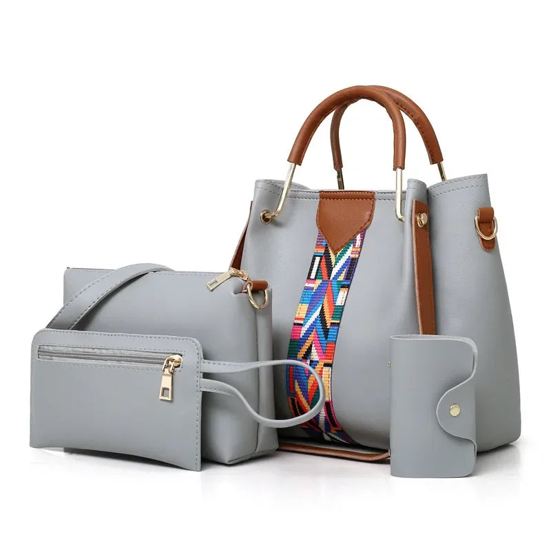 4 Pcs Luxury Handbag Set | Large Capacity Tote Bag, Fashion Shoulder Bag, Wallet & Card Case for Women (Patchwork) Luxegan