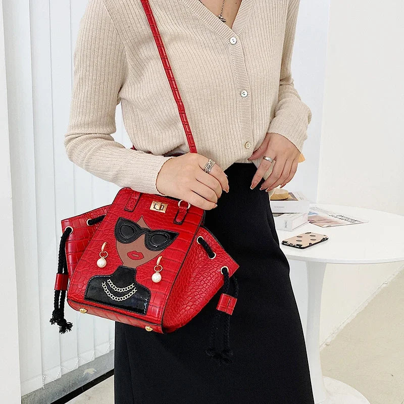 Cartoon Girl Handbag High Quality PU Leather Shoulder Bag for Women | Pearl Crossbody Bag Designer Messenger Bag Female Satchel Luxegan