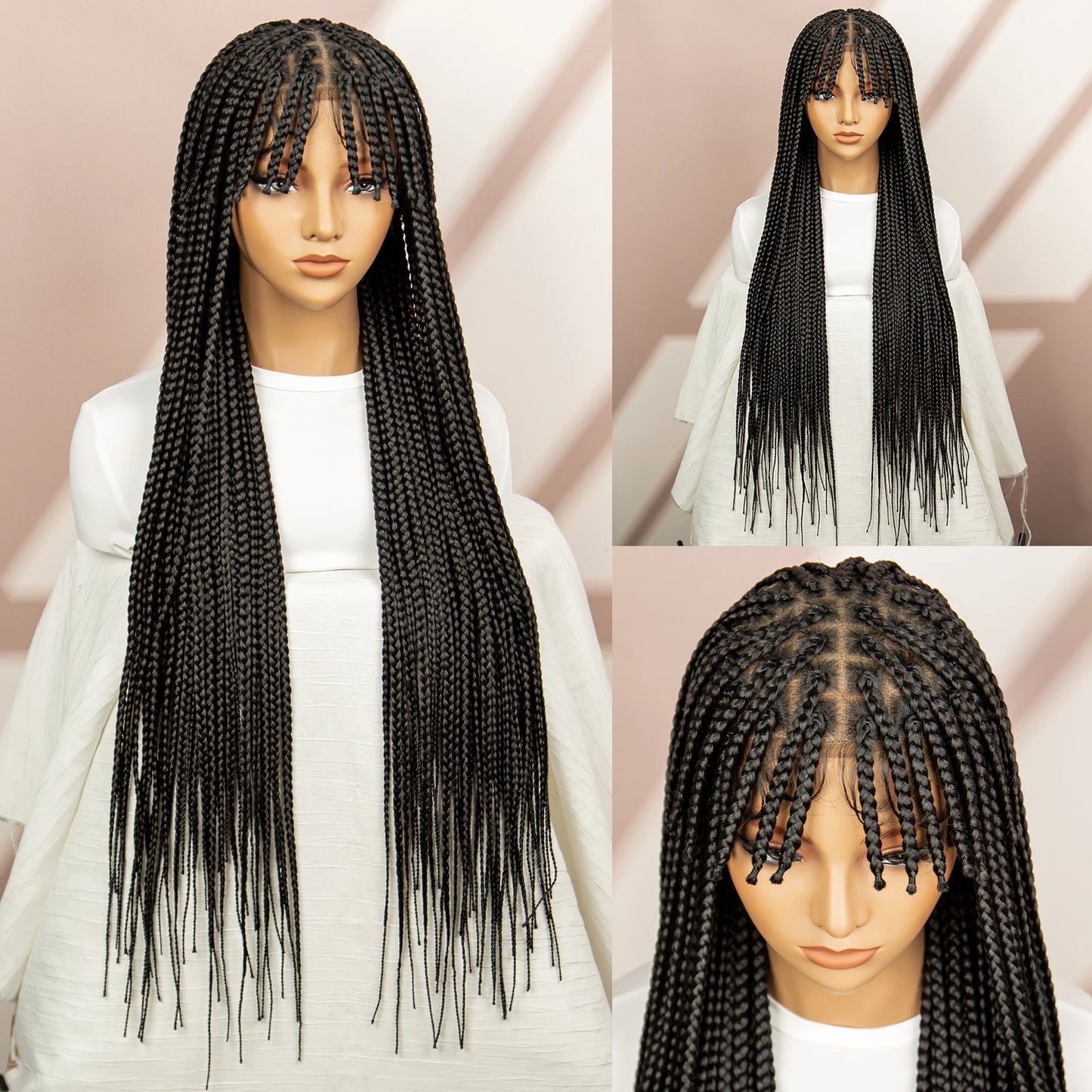 34" Box Braided Full Lace Wig | Braids with Bangs | Synthetic Hair Wig for Black Women | Kanekalon