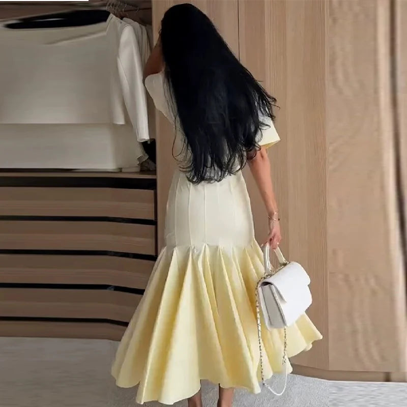 Solid Strapless Short Sleeve Regular Fit A-Line Mid-Calf Dress – Natural Waist, All Season Luxegan