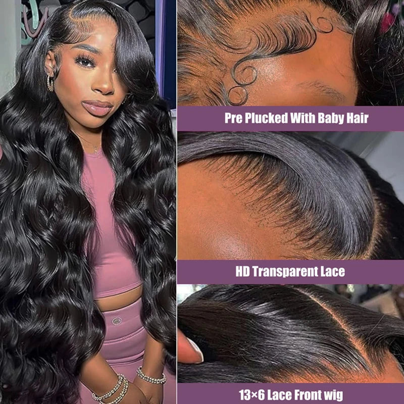 200% Density Body Wave 13x6/13x4 Lace Frontal Wig - Peruvian Remy Hair - Pre Plucked with Baby Hair - Natural Black