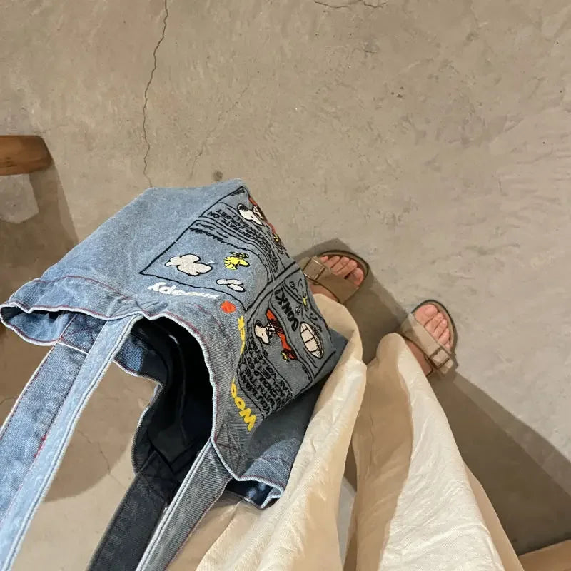 New Japanese Fashion Snoopy Embroidered Denim Shoulder Bag | Retro All-match Large Capacity Portable Crossbody Tote (Unisex) Luxegan