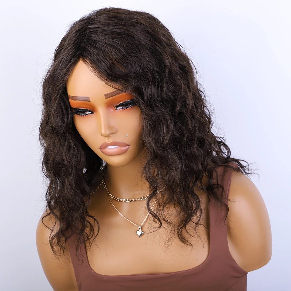 Honey Curly Bob Wigs Human Hair Side Part Pre-Plucked Big Fluffy Brown Mixed Blonde Glueless Bob Curly Wig with Fringe Bangs