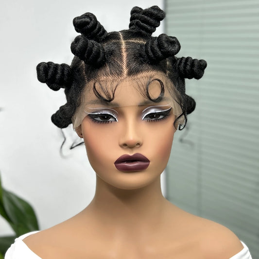 Short Cute Handmade Bantu Knotless Braids Wig | Transparent Full Lace | Baby Hair