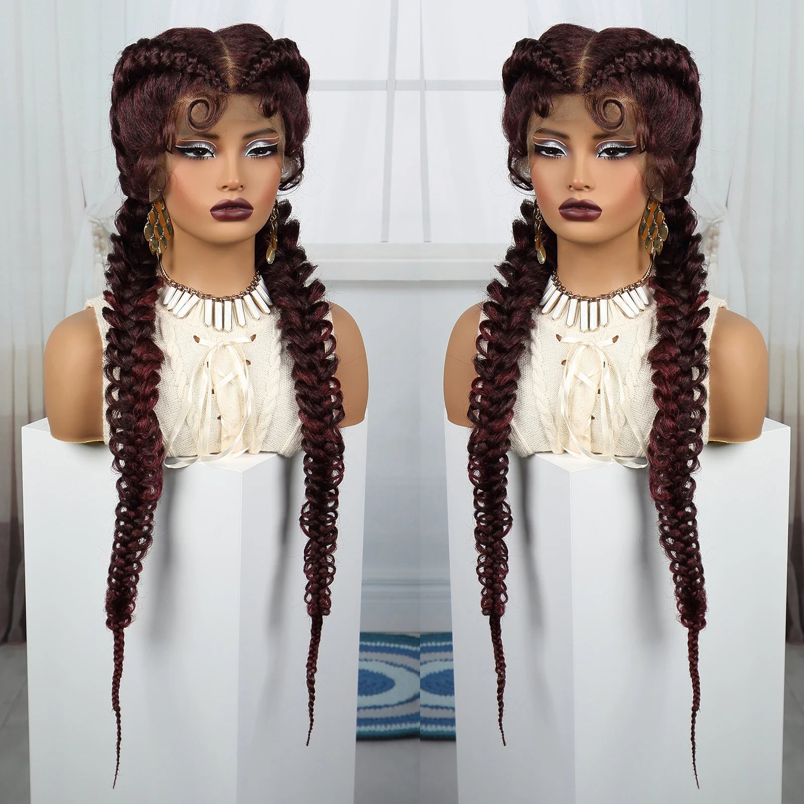 36" Burgundy Twist Cornrow Braids Wig | 99J | Lace Frontal | Baby Hair Luxegan