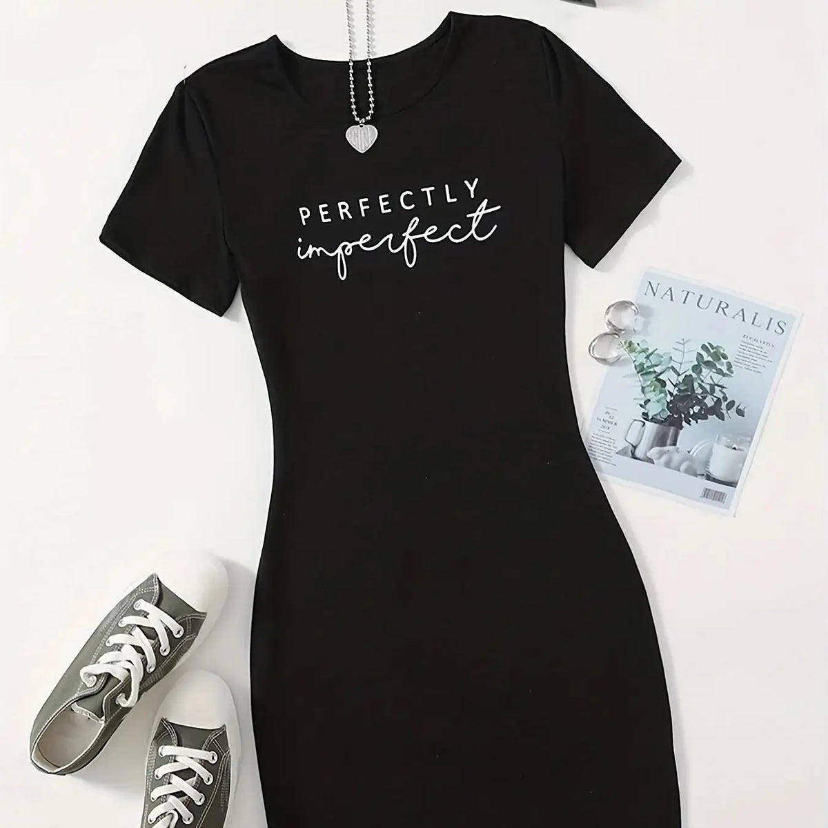 Summer "PERFECTLY" Print T-Shirt Dress | Sexy Club Short Sleeve Round Neck Mini Dress | Casual Letter Print Medium Stretch Slim Fit Sheath Luxegan