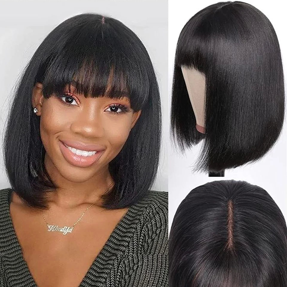 Peruvian Straight Bob Lace Wig with Bangs | Middle Part Glueless Human Hair | Realistic Scalp Luxegan