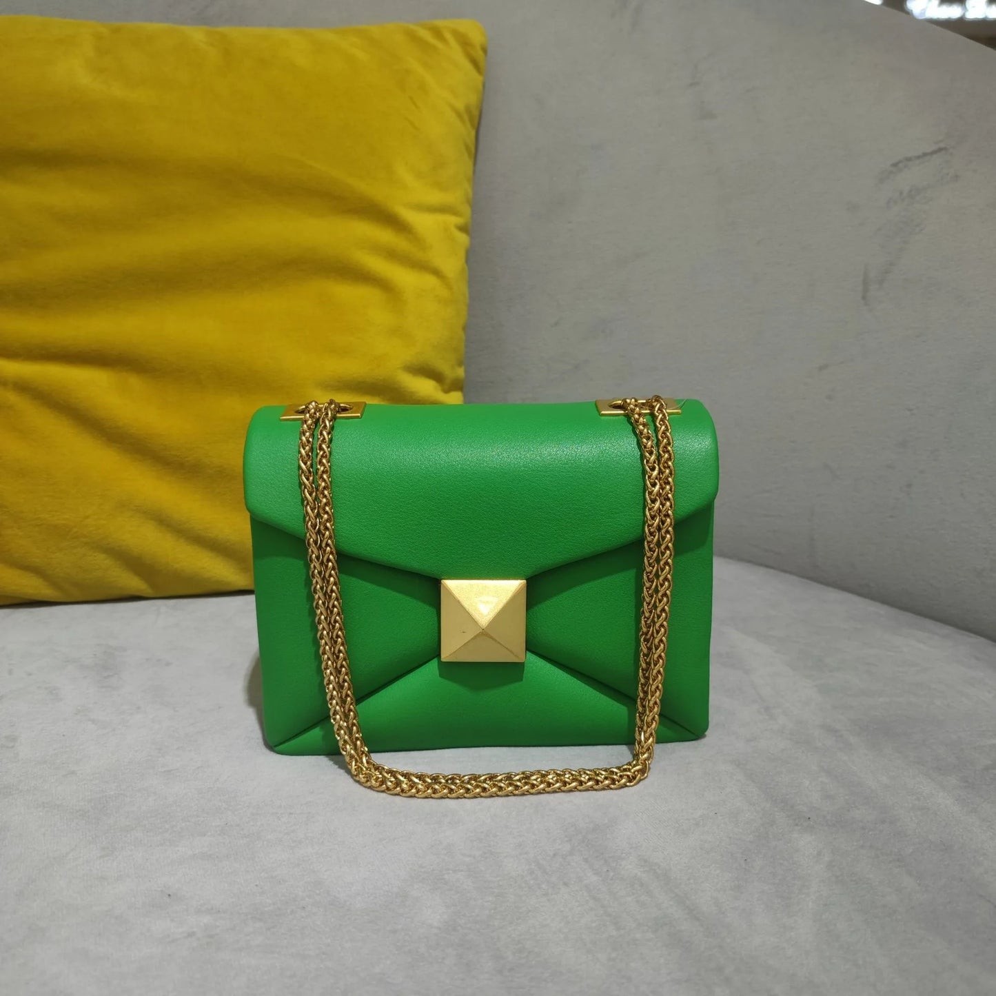 Cowhide Leather Crossbody | Luxury Chain & Rivet Satchel Luxegan