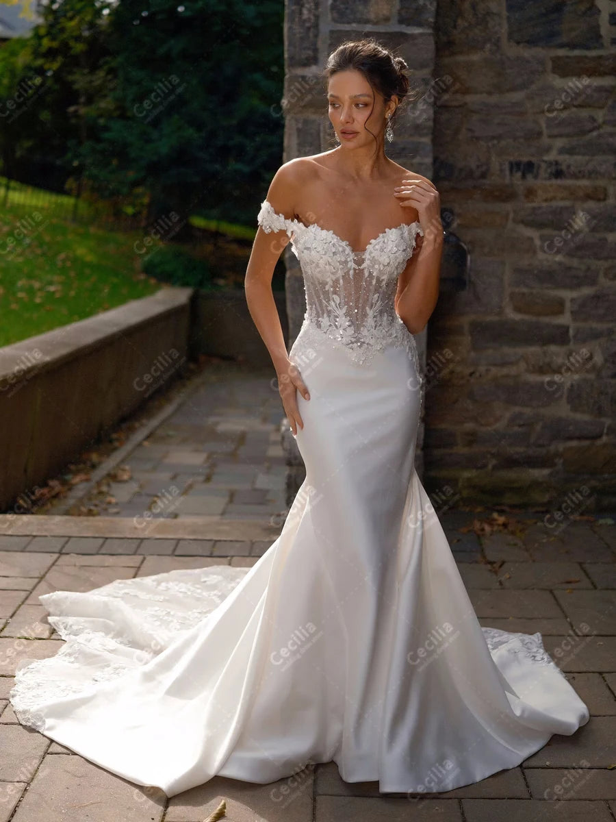 Vintage Off-The-Shoulder Satin Mermaid Wedding Dress | Luxurious Lace Applique Sweetheart Bridal Gown | Exquisite Ruched Pleated Vestidos De Novia | Custom Plus Size Floor-Length Gown with Sweep Train Luxegan