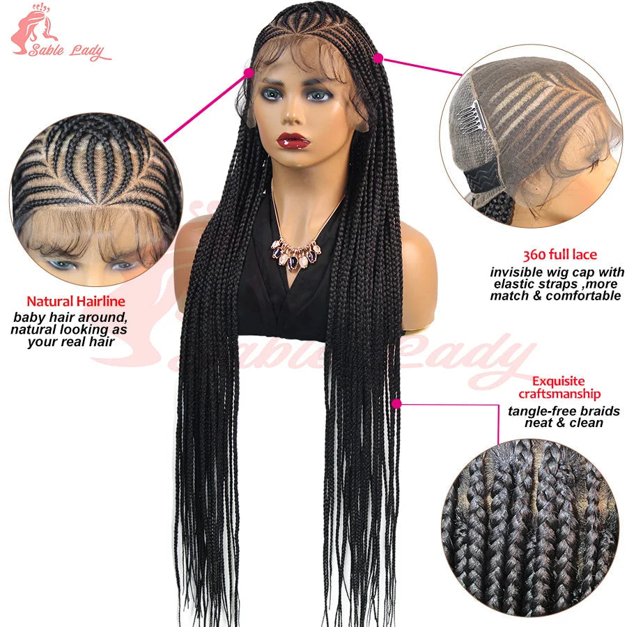 36" Knotless Box Braids Wig | Fulani Cornrows | 360 Full Lace | Baby Hair | Black Women Luxegan