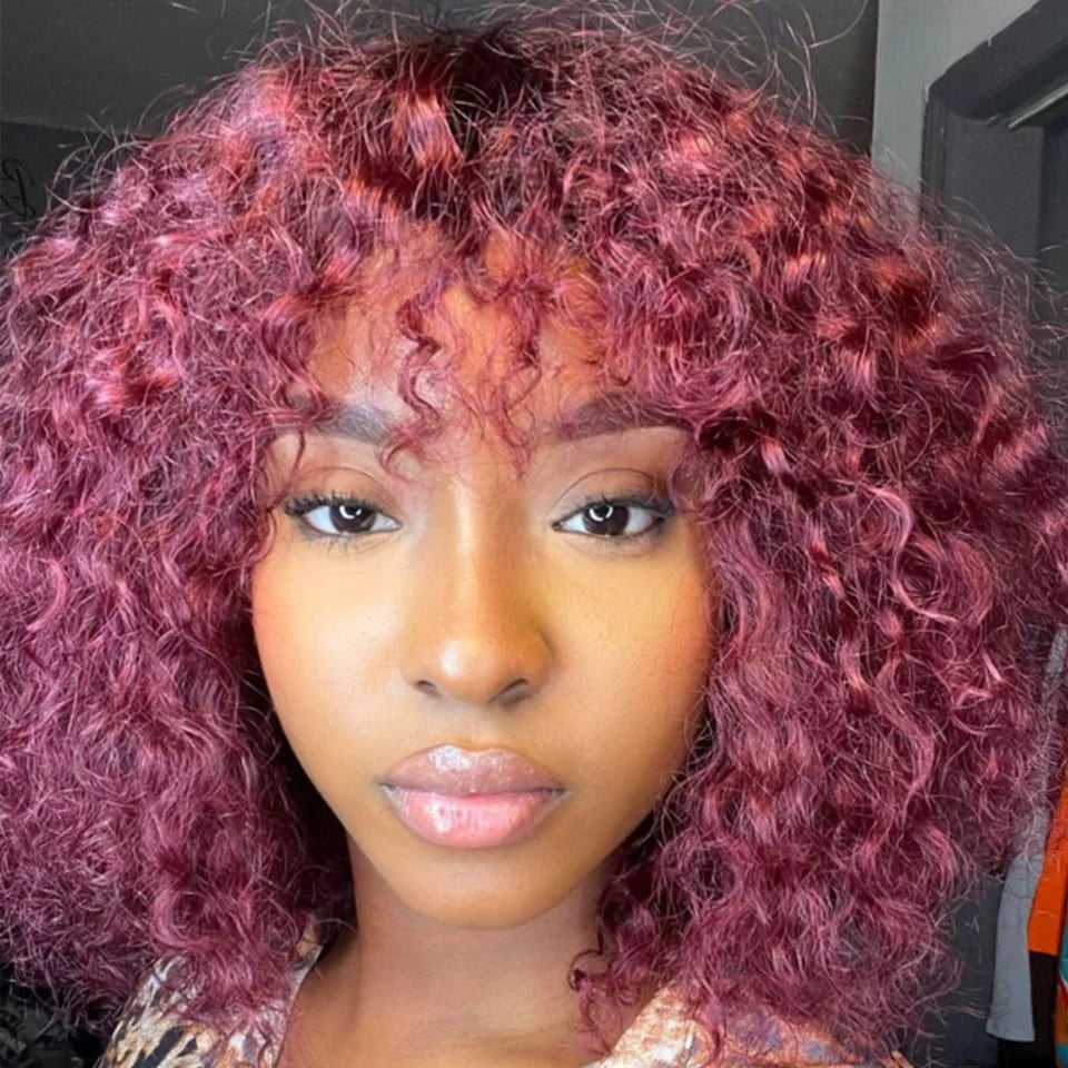 Brazilian Jerry Curly Human Hair Bob Wig with Bangs | Natural Highlight Honey Water Wave Kinky Curly Wigs for Women Luxegan