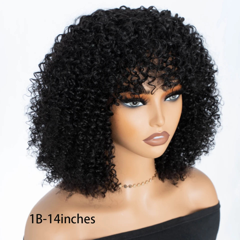 200% Density Short Afro Kinky Curly Human Hair Wig with Bangs | Sassy Fluffy Natural Growth Full Machine Made Wigs Luxegan