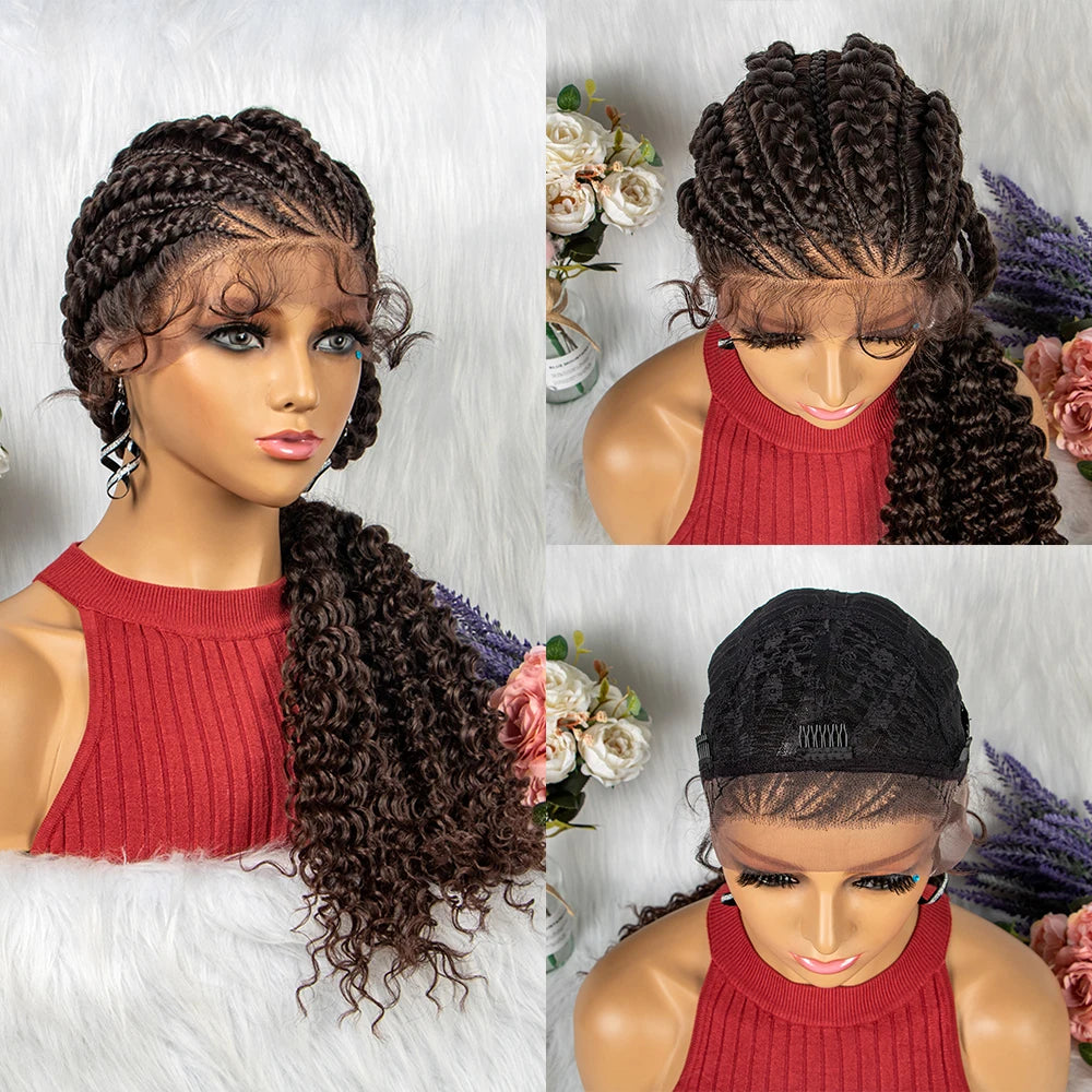 28" Knotless Cornrow Braids Wig with Curly Ends | Transparent Lace Front | Baby Hair Luxegan