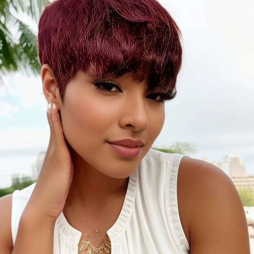 6 Inch Short Pixie Cut Straight Wig | 100% Human Hair for Women (Machine Made, Pre-Styled Bangs, Tangle-Free, Natural Hairline) Luxegan