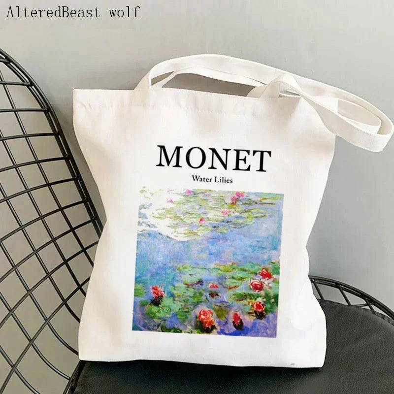 Monet Water Lilies Canvas Shoulder Bag | Sophisticated Kawaii Harajuku Shopping Tote | Elegant Art-Inspired Shopper Handbag | "Dignified" Durable Square Purse for Versatile Daily Styling Luxegan