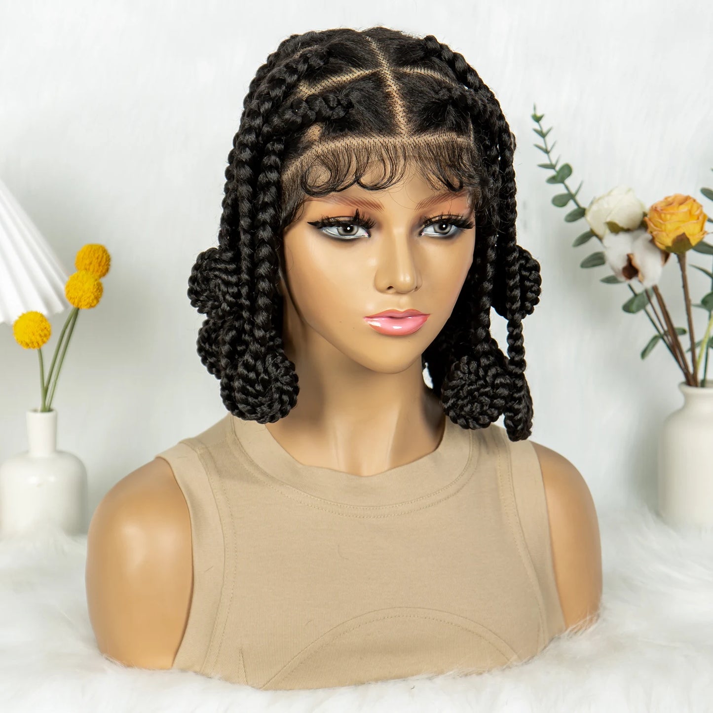 Handmade Bantu Knots Braided Full Lace Wig | Knotless Braids | Baby Hair | Synthetic Hair | Black Women