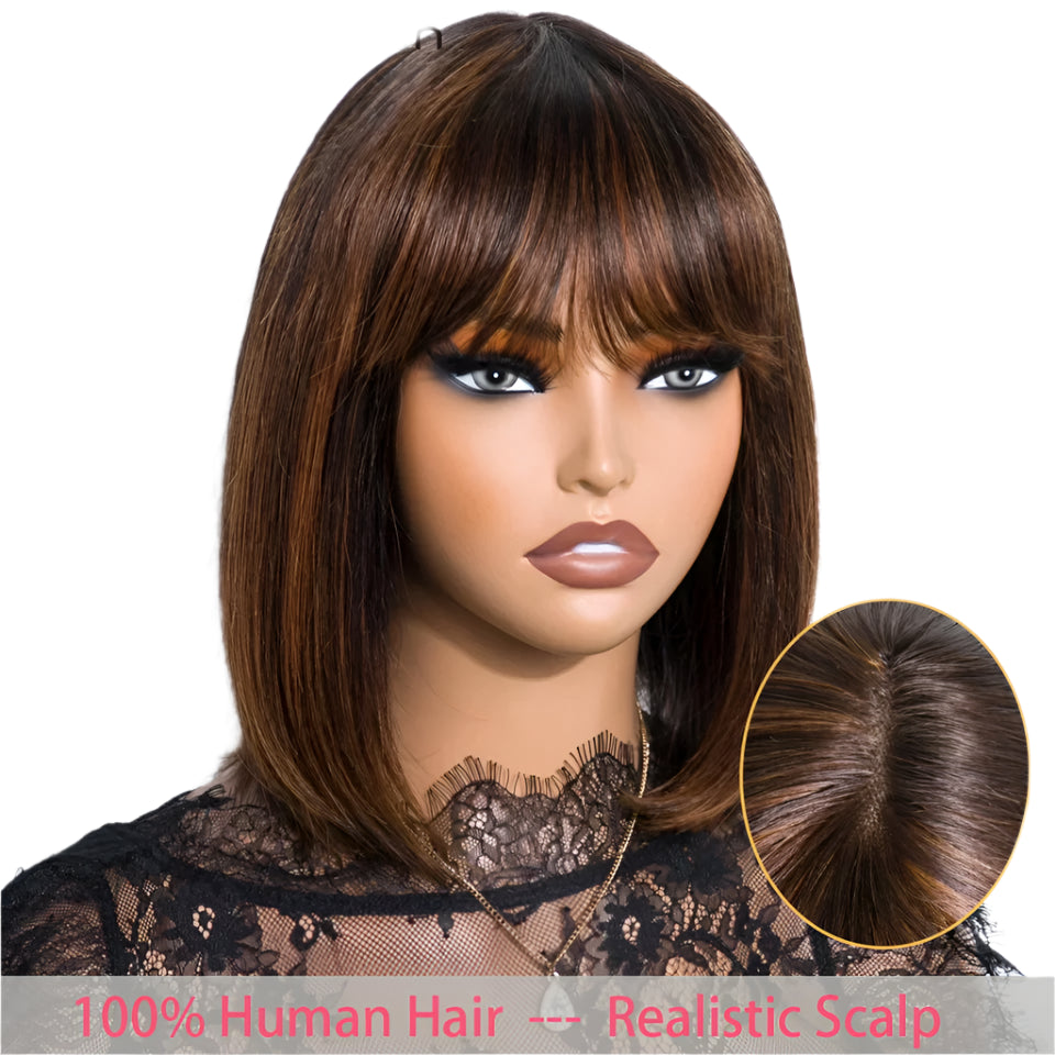 Ombre #4/27 Straight Bob Wig with Bangs | Human Hair Lace Top Luxegan