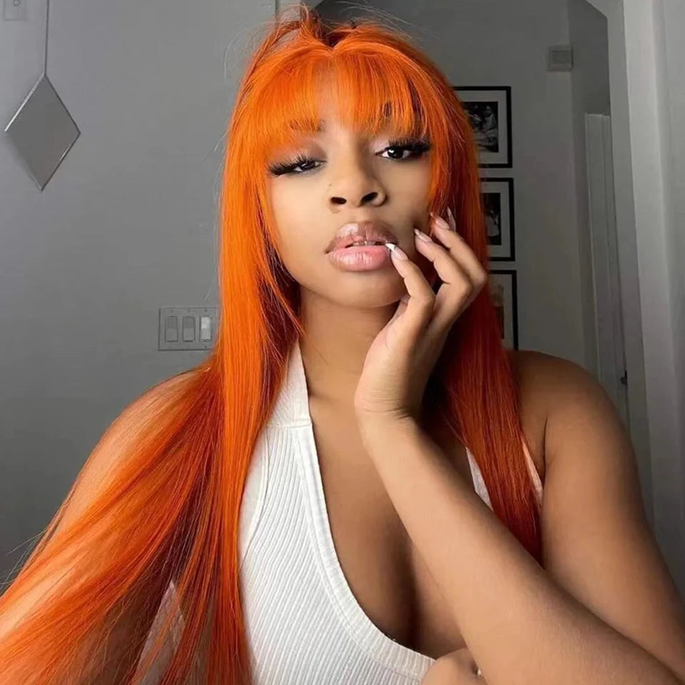 Ginger Orange Straight Human Hair Wig with Bangs | Full Machine Made Peruvian Remy Hair (Wear & Go) Luxegan