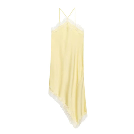 Lace Trim Satin-Texture Halter Midi Dress | Sexy Asymmetric Loose-Fit Camisole | Spring/Summer Slight Stretch Club Dress Luxegan