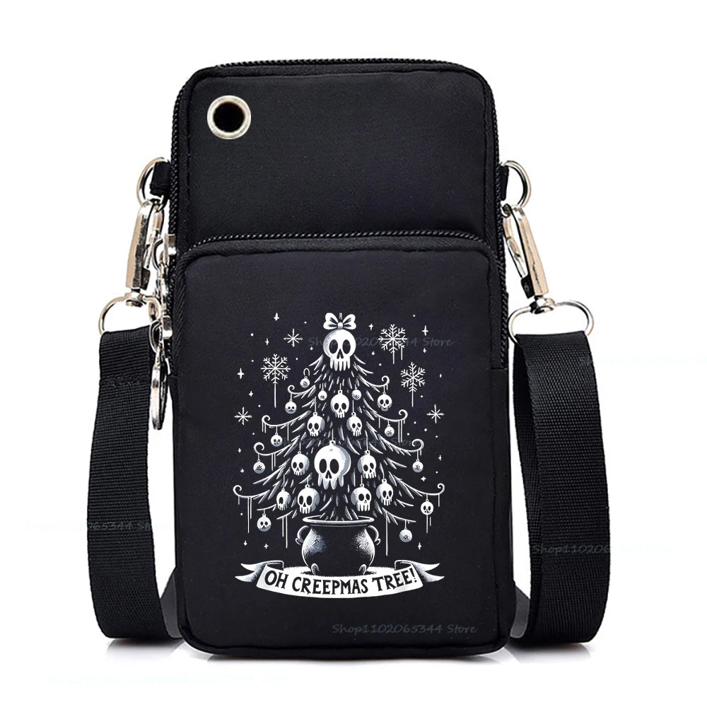 "Dead Inside But Love Cats" Shoulder Bag | Sophisticated Funny Vintage Skeleton Purse | Elegant Cartoon-Print Mobile Phone Bag | "Dignified" Soft Nylon Mini-Handbag for Versatile Casual Styling Luxegan