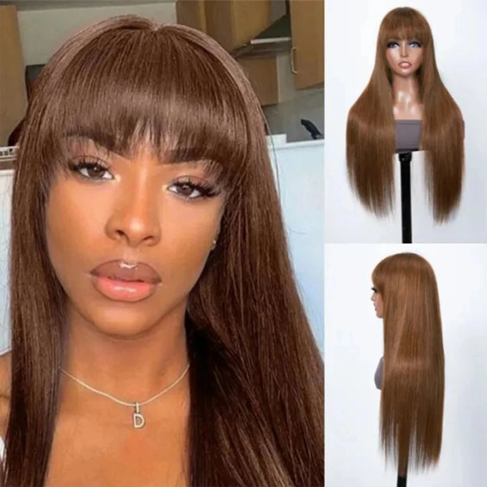 Reddish Brown Human Hair Wig with Bangs | Easy Layer Cut Straight Remy Hair for Women (Affordable) Luxegan