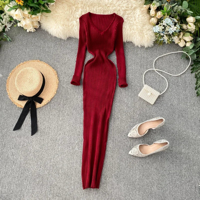 New Autumn V-Neck Knitted Dress | Sophisticated Slim Elastic Bodycon Sweater Gown | Elegant "Full Sleeve" Silhouette | "Dignified" High-Stretch Warm Long Dress for Radiant Versatile Autumn & Winter Styling Luxegan