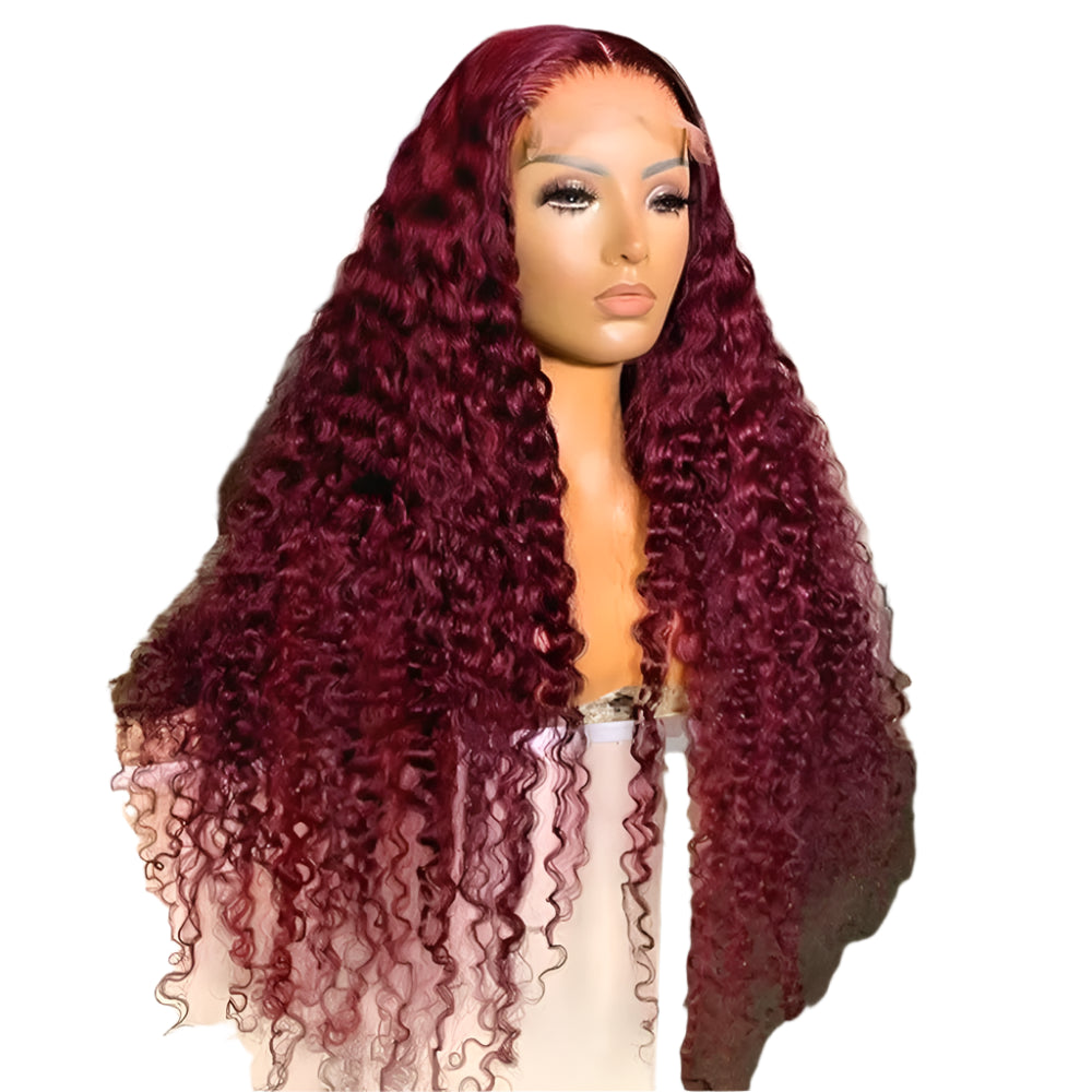 30" Curly Burgundy & Chocolate Brown 13x6 HD Lace Frontal Wig | 99J Colored Human Hair Wig for Women | Deep Wave Luxegan