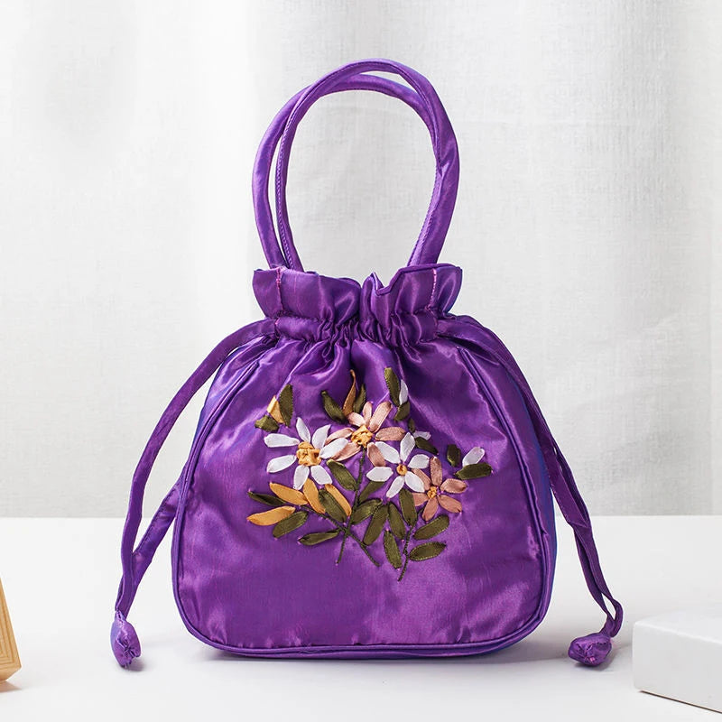 Bolsos Retro Bordados con Cordón Bolsas de Almacenamiento Carteras Monederos Tarjeteros Bolsos de Hombro Tipo Cubo Bolsos de Muñeca