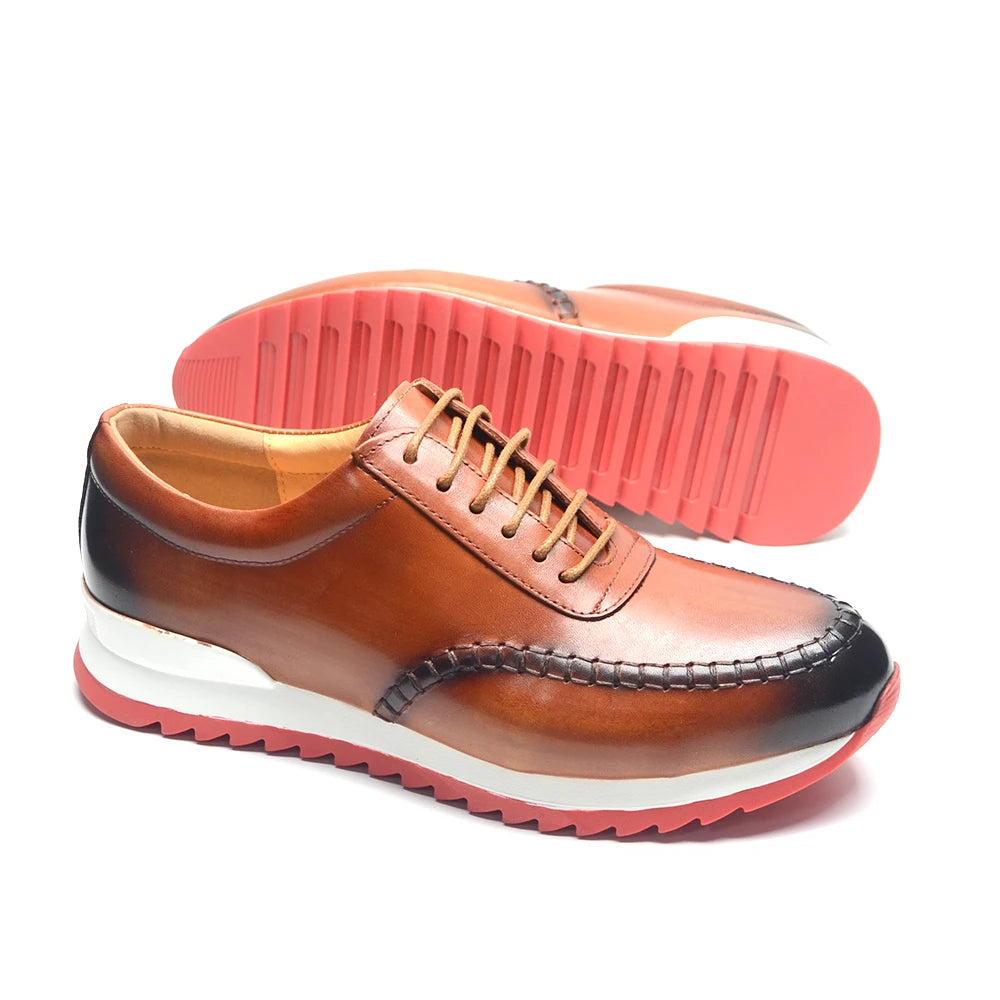 Classy Men's Genuine Leather Low Top Sneakers | Red Bottom Lace-Up Casual Dress Shoes (Breathable) Luxegan