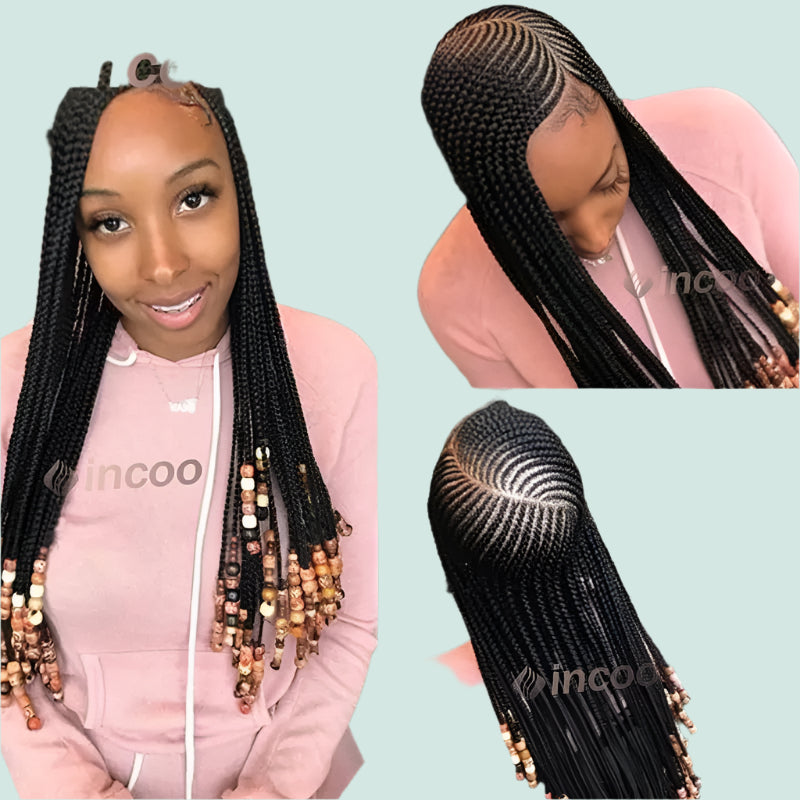 36" Cornrow Braided Wigs Synthetic Handmade Side Part Braided Wig Full Lace Frontal Braiding Wig Goddess Knotless Box Braids Wig