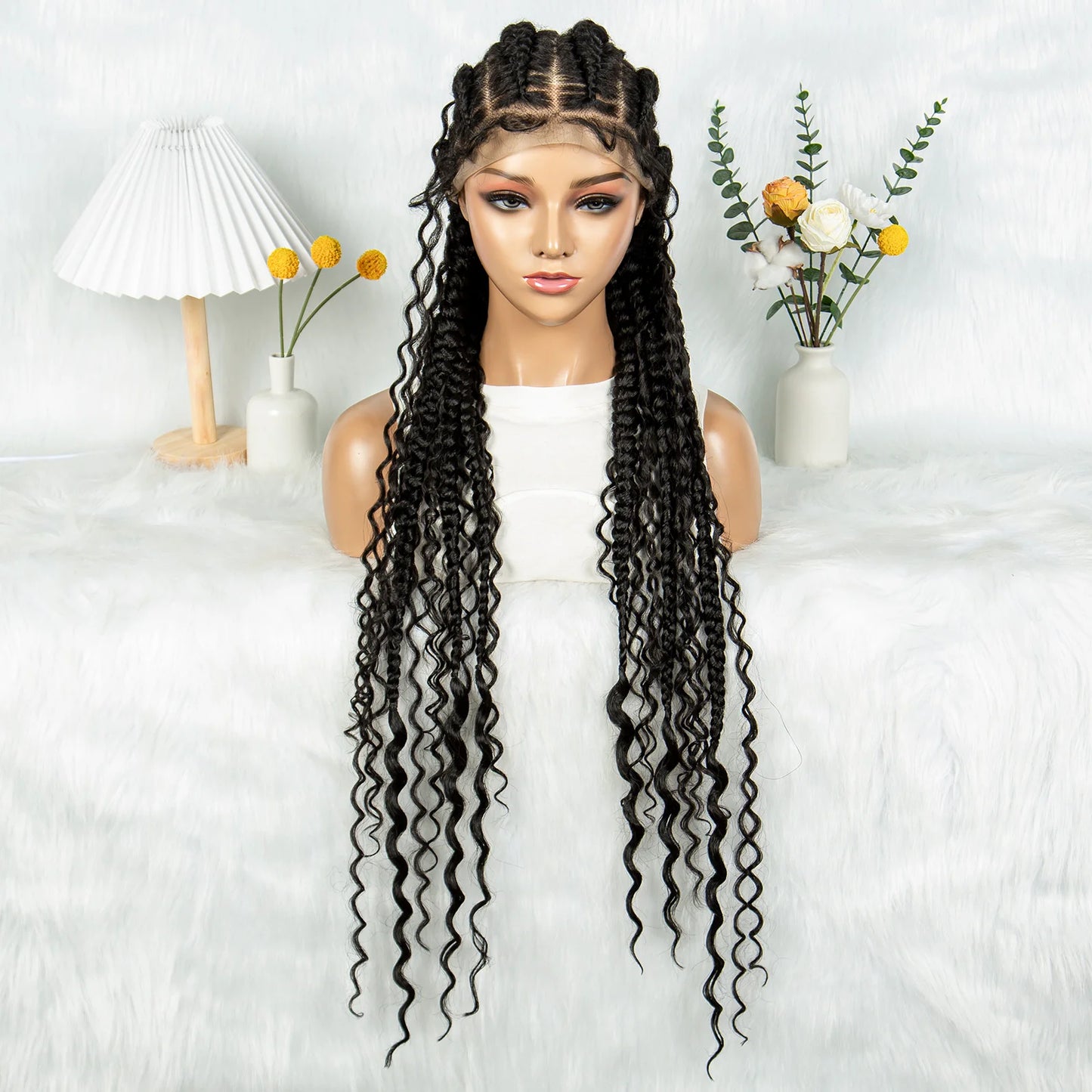 Cornrow Braided Wigs Synthetic Transparent Full Lace Wig With Baby Hair Braiding Wig Boho Cornrow Wig Curly End For Black Women