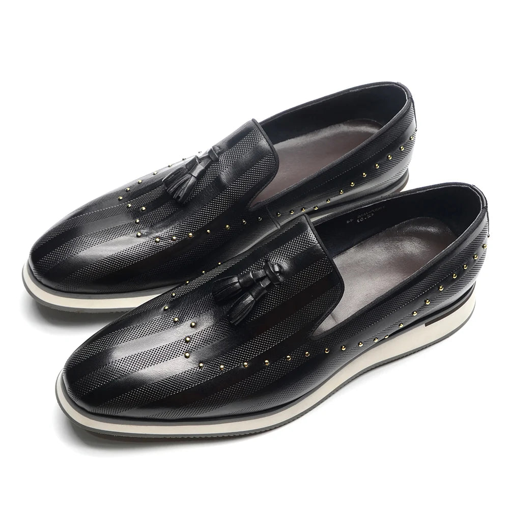 Top Grade Luxury Men's Genuine Leather Loafers | Original Stripe Rivets & Tassel Casual Flat Shoes Luxegan