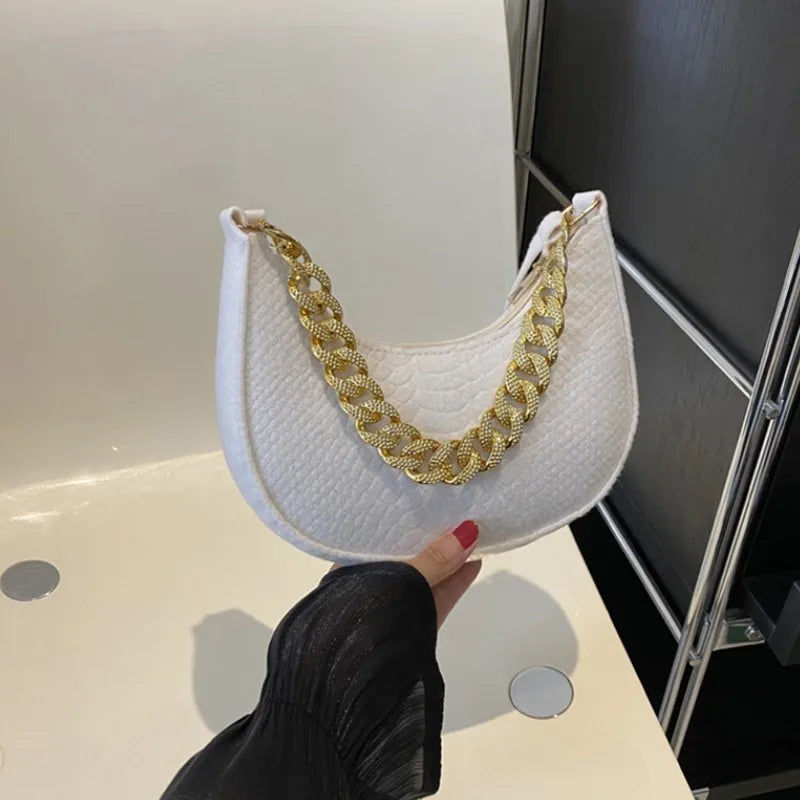 Fashion Women's Felt Handbag | Imitation Metal Chain Underarm Bag (Retro Ladies Solid Color Shoulder Bag, Trendy Casual Clutch Purse) Luxegan