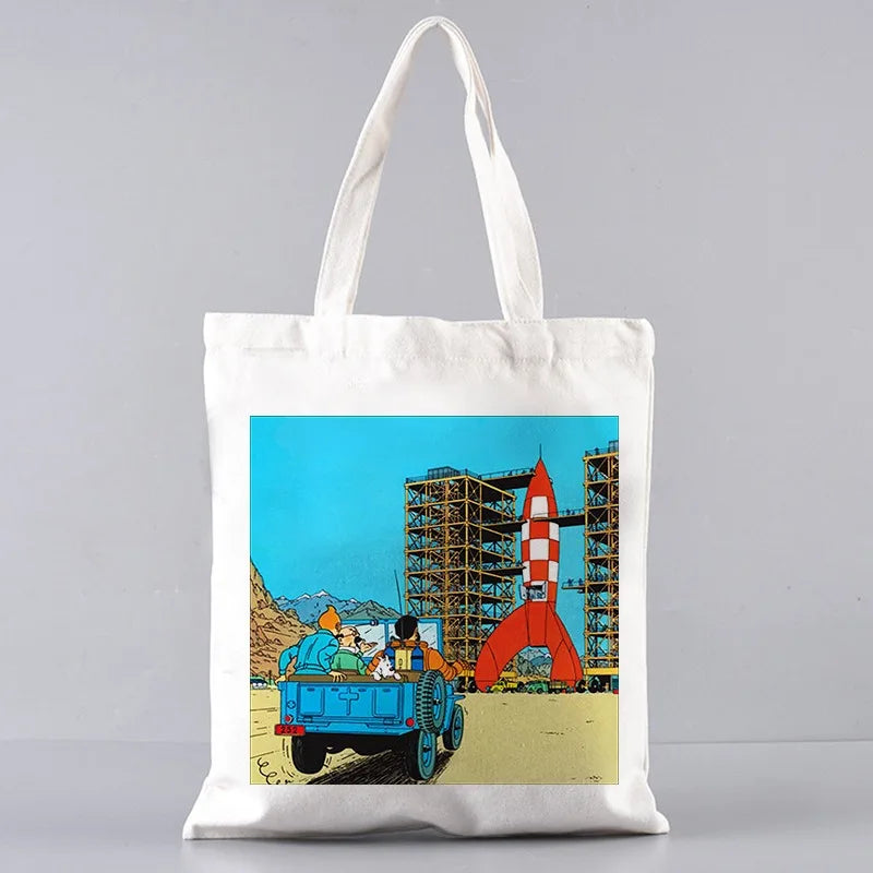 Soft Tintin Cartoon Canvas Large Capacity Tote | Open-Top Shopping Bag Luxegan
