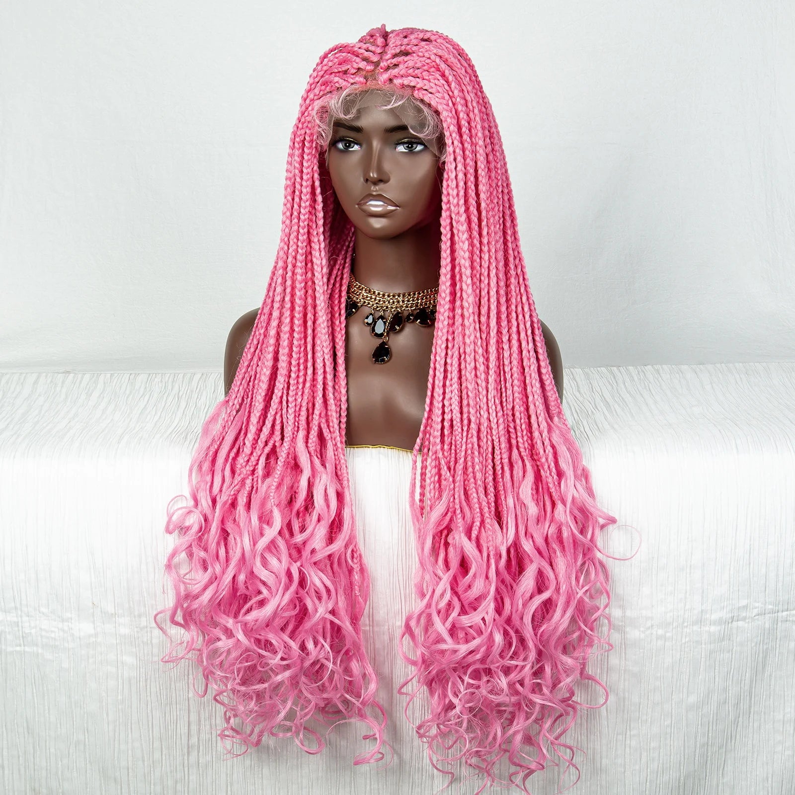 36" Pink & 613 Blonde Braided Wig | Water Wave Ends | Lace Front | Baby Hair Luxegan