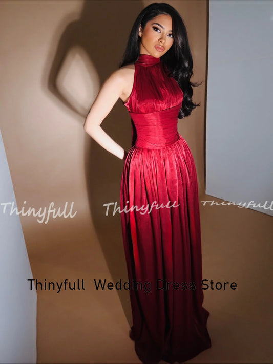 Thinyfull Vestido de Noche Largo Árabe Línea A Halter sin Mangas Satén Brillante Fiesta de Noche Vestidos de Dubái Robe De Soirée Personalizado
