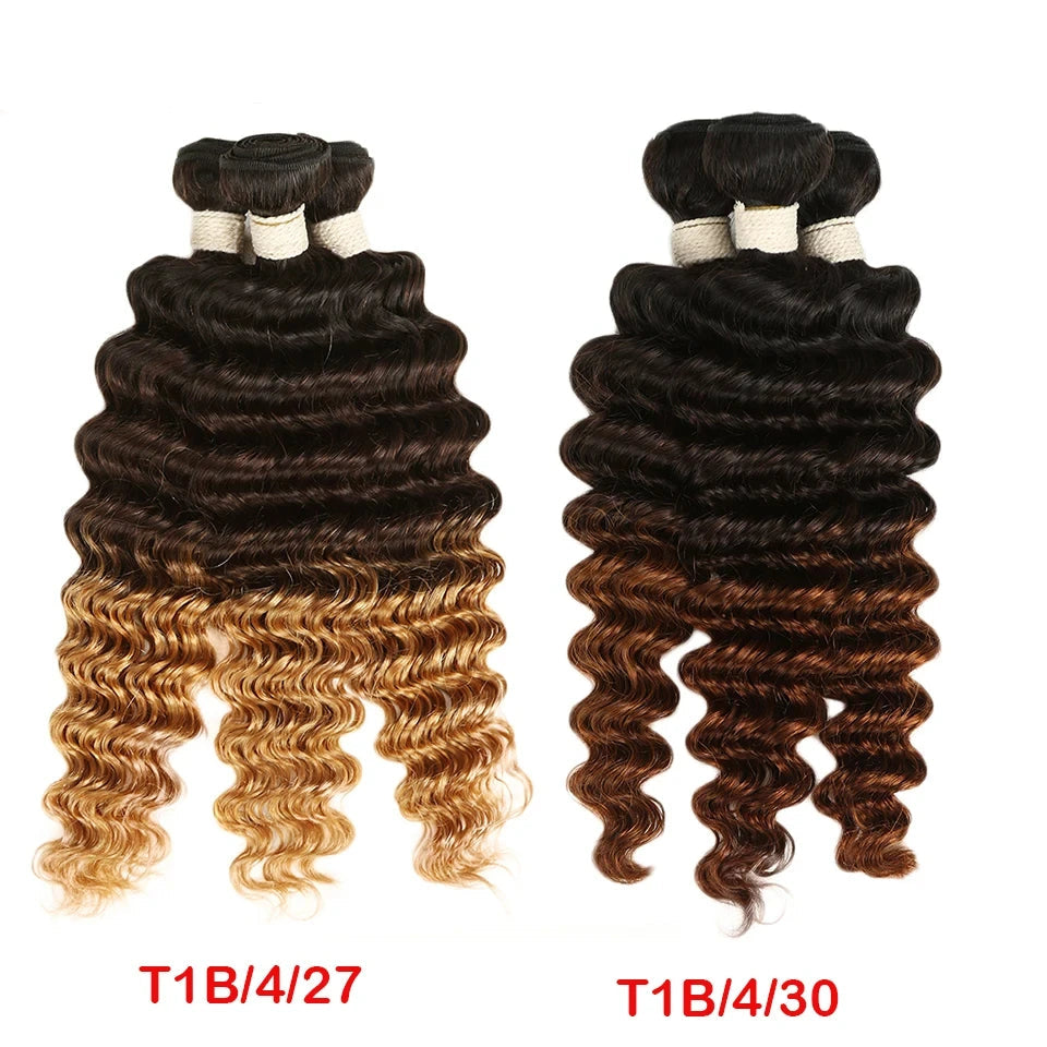 Ombre Brazilian Deep Wave Human Hair Bundles | Remy 2 Tone Color T1B/27#, T1B/30#, T1B/99J# (1, 3, or 4 Pcs) Luxegan