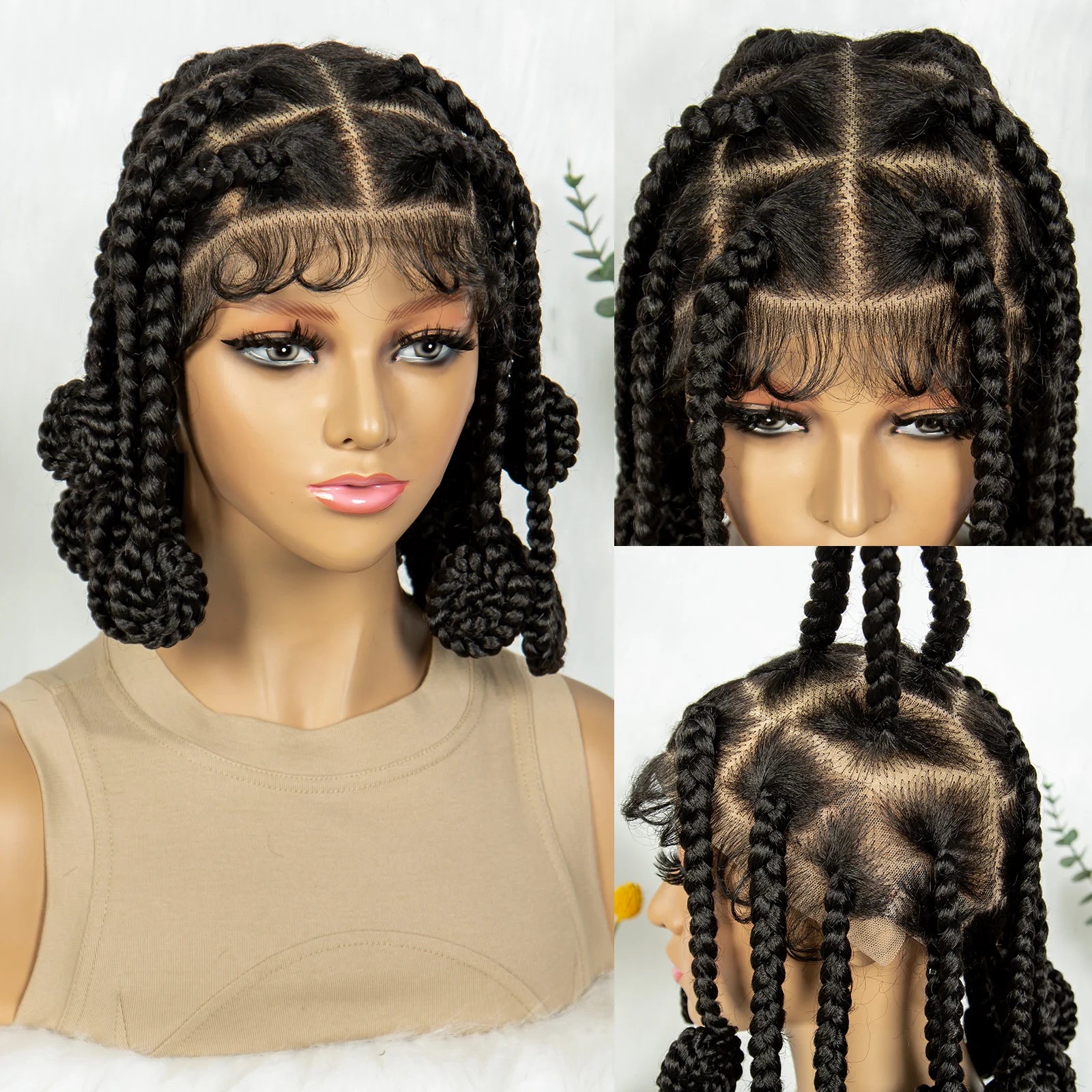 Handmade Bantu Knots Braided Full Lace Wig | Knotless Braids | Baby Hair | Synthetic Hair | Black Women