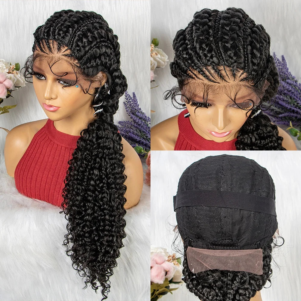 28" Blonde Knotless Cornrow Braids Wig with Curly Ends | Lace Frontal | Baby Hair Luxegan
