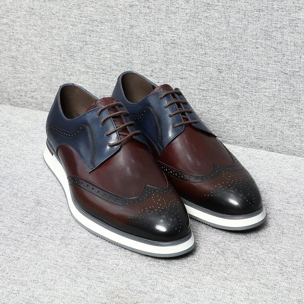 Luxury Men's Real Cow Leather Three-Color Wingtip Derby Shoes | Top Designer Original Casual Sneakers (Breathable) Luxegan