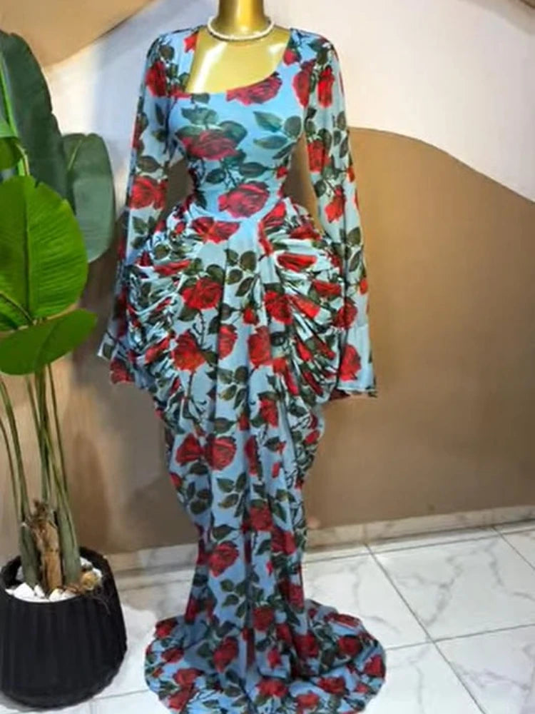 Floral Ruched Flare Sleeve Maxi Dress – Asymmetric Neck, Empire Waist, A-Line Luxegan